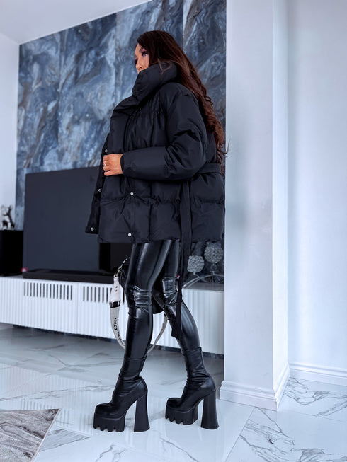 Puffy, short jacket with tie belt - black